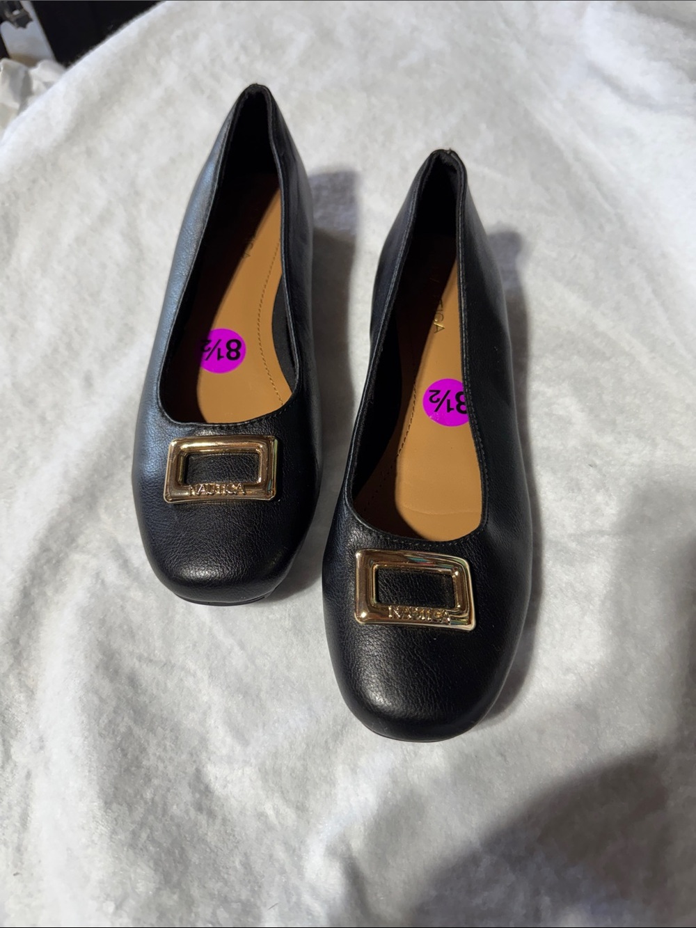 Black Women's Leather Ballet Flats with Gold Buckle Meutica
